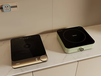 Two Modern Induction Cooktops In Black And Light Green On White Kitchen Countertop 3d model