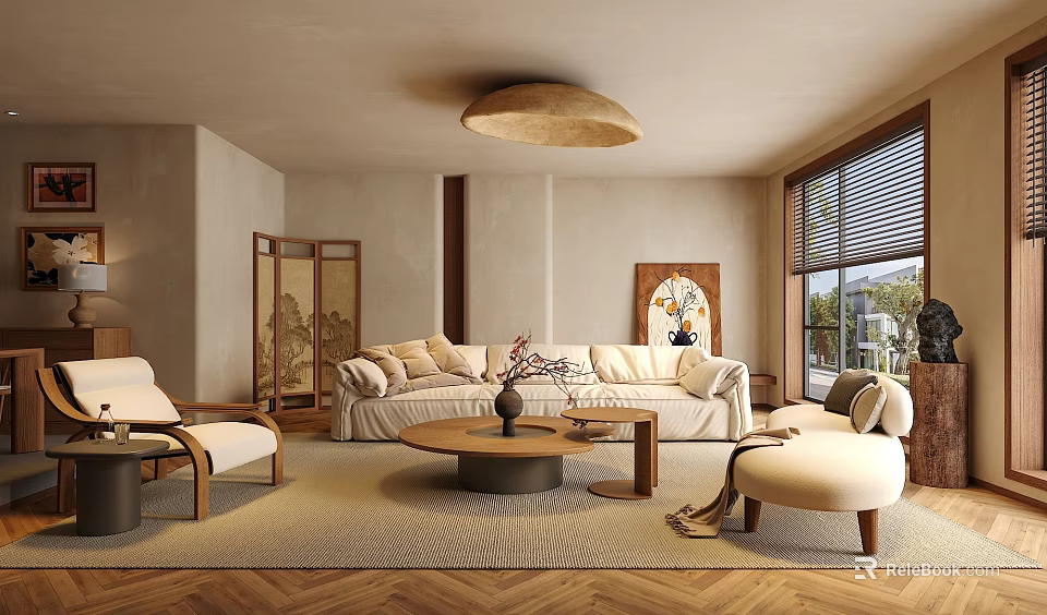 Modern Living Dining Room Interior With White Sofa Coffee Table Wooden Ceiling Light And Decorative Screen 3d model 