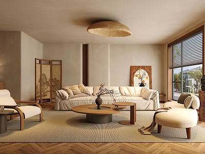 Modern Living Dining Room Interior With White Sofa Coffee Table Wooden Ceiling Light And Decorative Screen 3d model