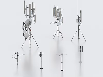 Industrial Equipment Featuring Signal Towers With Tripod Bases And Various Metal Antenna Structures 3d model