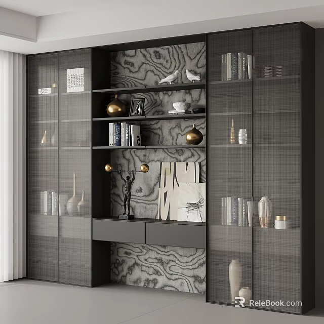 Modern Elegant Gray Bookcase With Glass Doors Decorative Items And Marble Pattern Background 3d model 