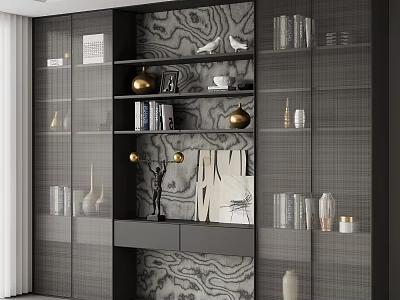 Modern Elegant Gray Bookcase With Glass Doors Decorative Items And Marble Pattern Background 3d model