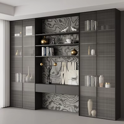 Modern Elegant Gray Bookcase With Glass Doors Decorative Items And Marble Pattern Background 3d model