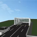 Modern Bridge Design With Car Passing Under Green Grass And Blue Sky