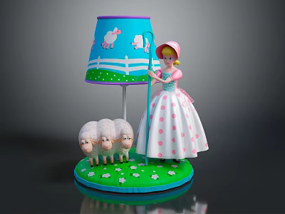 Cute Doll In Pink Dress Standing With Lambs And Blue Lampshade On Grass Base 3d model