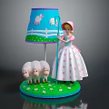 Cute Doll In Pink Dress Standing With Lambs And Blue Lampshade On Grass Base