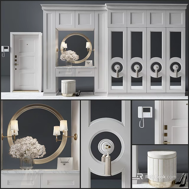 Elegant Dressing Table With Gold Round Mirror Vase And Decorative Cabinets 3d model