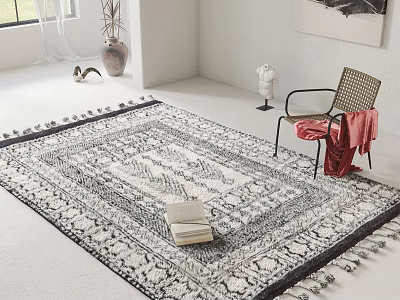 Leisure Chair with Red Blanket on Large Area Rug Featuring Books Vase and Framed Artwork 3d model