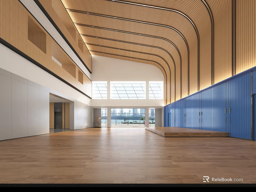 Modern School Hall Interior With Curved Wooden Ceiling And Large Glass Windows 3d model 