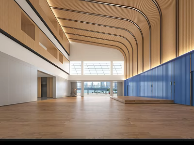 Modern School Hall Interior With Curved Wooden Ceiling And Large Glass Windows 3d model