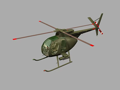 Green Military Helicopter With Rotor Blades Red Tips Transparent Cockpit And Landing Gear Design 3d model