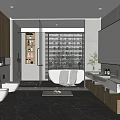 Modern Bathroom With Wooden Accents Glass Shower Double Vanity And Marble Countertop