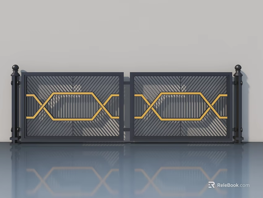 Modern Swing Door with Black Metal Frame and Yellow Geometric Pattern Design 3d model