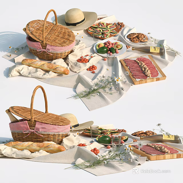 Delicious Picnic Food Spread With Bread Vegetable Platter Meat Slices Nuts And Basket 3d model 