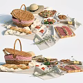 Delicious Picnic Food Spread With Bread Vegetable Platter Meat Slices Nuts And Basket