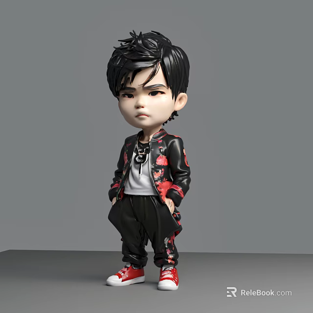 Cartoon Style Man in Black Jacket with Short Hair and Red Shoes Standing Pose 3d model 