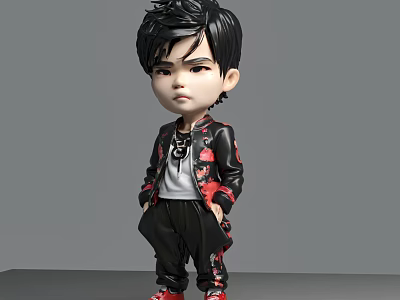 Cartoon Style Man in Black Jacket with Short Hair and Red Shoes Standing Pose 3d model