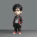 Cartoon Style Man in Black Jacket with Short Hair and Red Shoes Standing Pose
