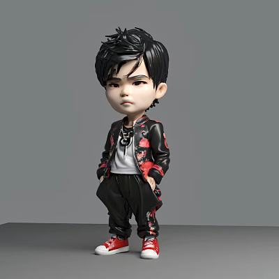 Cartoon Style Man in Black Jacket with Short Hair and Red Shoes Standing Pose 3d model