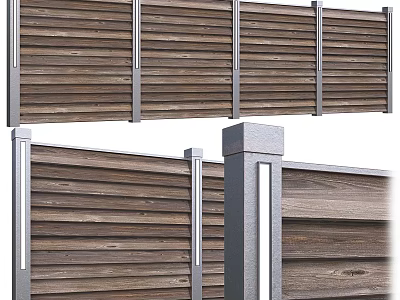Modern Wooden Fence Featuring Metal Support Posts And Horizontal Slats Design 3d model