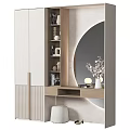 Minimalist Dressing Table with Round Mirror Soft Lighting Bookshelf and Decorative Vase