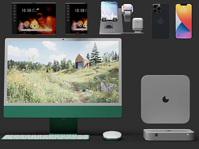 Apple Desktop Setup With Green iMac Keyboard Mouse Mac Mini And 3d model
