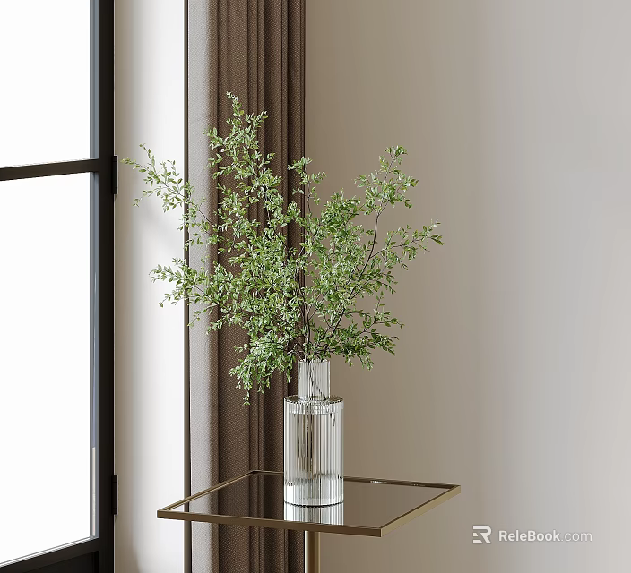 Modern Interior Decor with Transparent Glass Vase and Green Branches on Gold Frame Table 3d model 
