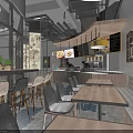 Mall Restaurant Shop Interior With Dining Tables Pendant Lights And Menu Boards