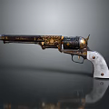 Vintage Engraved Revolver With Gold Accents And White Grips Isolated On Dark Background