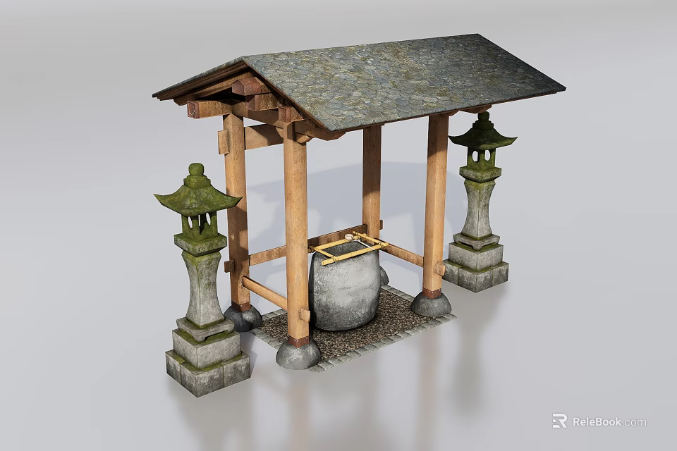 Traditional Japanese Wooden Structure Featuring Stone Lanterns Sloped Roof And Water Basin 3d model 