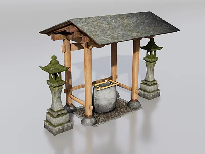 Traditional Japanese Wooden Structure Featuring Stone Lanterns Sloped Roof And Water Basin 3d model
