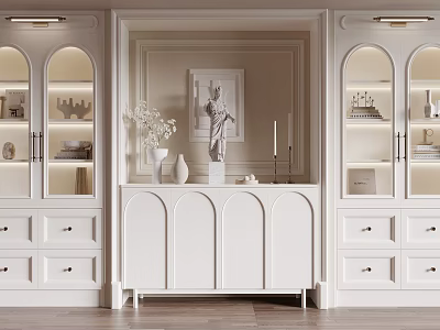 White Bookcase With Arched Door Design Decorative Statue And Vase Bookshelves Drawers Interior Design 3d model