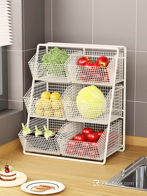 White Metal Wire Storage Rack With Multi Tier Baskets For Fresh Fruits Vegetables In Kitchen 3d model 