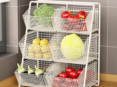 White Metal Wire Storage Rack With Multi Tier Baskets For Fresh Fruits Vegetables In Kitchen 3d model