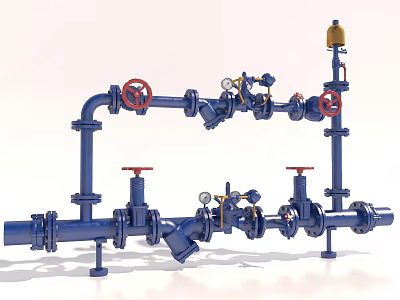 Industrial Piping System With Blue Pipes Red Valves And Pressure Gauges 3d model