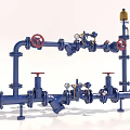 Industrial Piping System With Blue Pipes Red Valves And Pressure Gauges