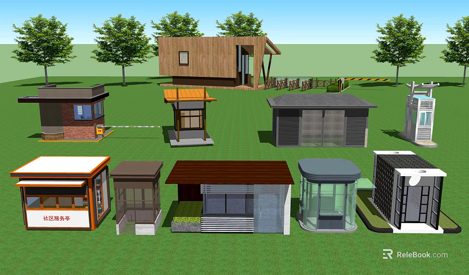 Various Small Buildings With Different Designs On Green Lawn With Trees 3d model
