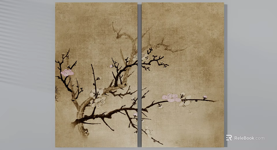 Botanical Painting with Plum Blossom Branches and Pink Flowers on Rice Paper Texture Double Panel 3d model 