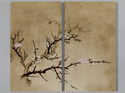 Botanical Painting with Plum Blossom Branches and Pink Flowers on Rice Paper Texture Double Panel 3d model