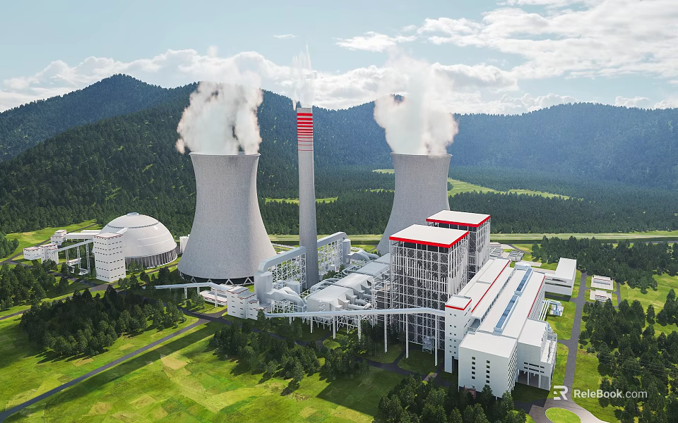 Modern Industrial Plant Power Generation Facility With Cooling Towers Chimney And Mountainous Green Trees 3d model 