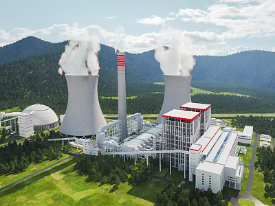Modern Industrial Plant Power Generation Facility With Cooling Towers Chimney And Mountainous Green Trees 3d model