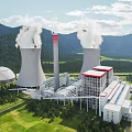 Modern Industrial Plant Power Generation Facility With Cooling Towers Chimney And Mountainous Green Trees