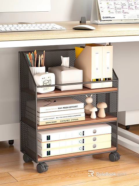 Organized Study Room Interior With Metal Mesh Shelf Wooden Shelves Stationery Books And Figurines 3d model 