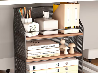 Organized Study Room Interior With Metal Mesh Shelf Wooden Shelves Stationery Books And Figurines 3d model