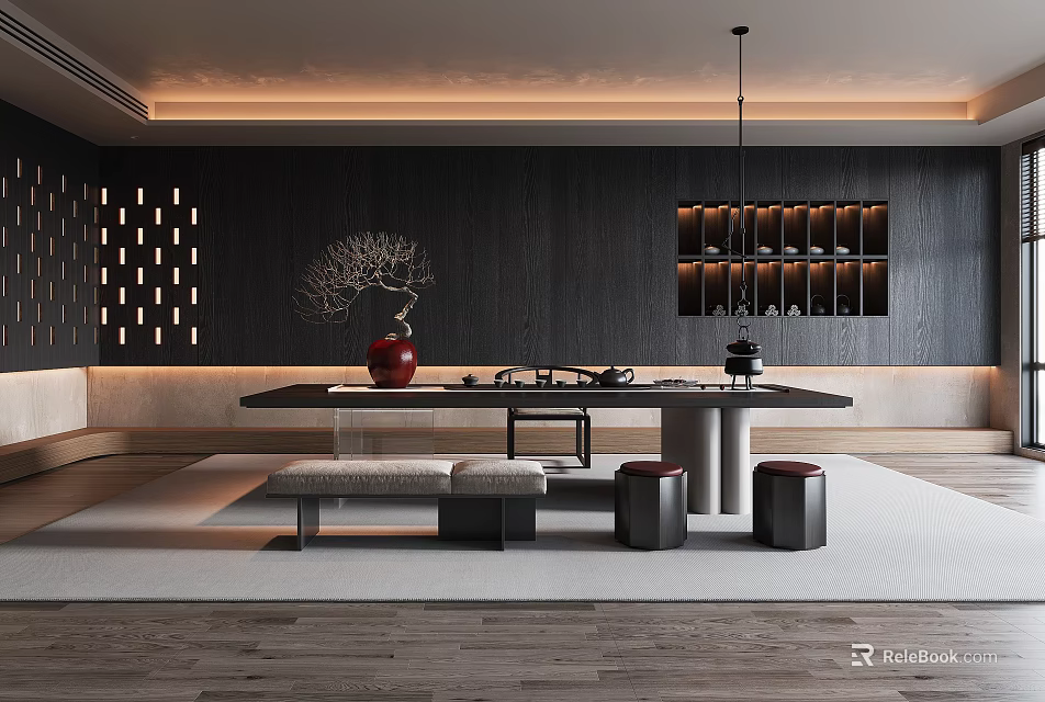 Modern Zen Tea Room Interior With Dark Wall And Art Decor 3d model 