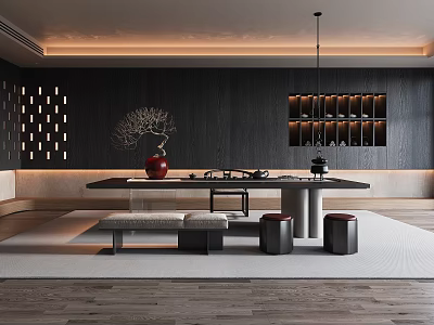 Modern Zen Tea Room Interior With Dark Wall And Art Decor 3d model