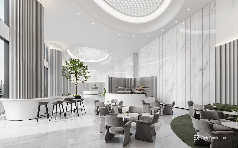 Modern Front Desk Reception Area With Marble Walls Circular Ceiling And Green Plant 3d model 