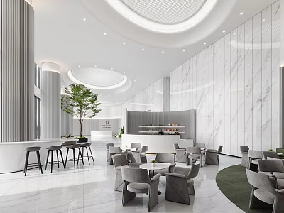 Modern Front Desk Reception Area With Marble Walls Circular Ceiling And Green Plant 3d model