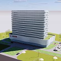 Modern High Rise Office Building With Glass Facade And Landscaped Gardens