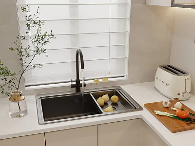 Modern Kitchen Sink With Faucet Toaster Cutting Board Vegetables And Green Plant 3d model